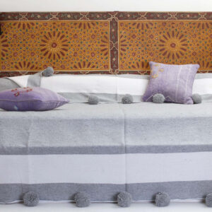 Luxurious Grey Moroccan Pom Pom Blanket - Handcrafted 100% Cotton Blanket with Stylish Grey Pom Poms