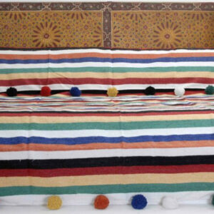 Colorful Moroccan Pom Pom Wool Blanket - Handwoven Cotton