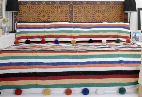 Colorful Moroccan Pom Pom Wool Blanket - Handwoven Cotton