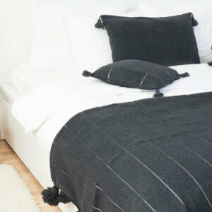 Handwoven Moroccan Black Pom Pom Cotton Blanket