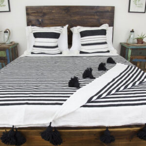 Moroccan Pom Pom Blanket in White and Black - Handcrafted Wool Blanket | Luxurious Home Decor