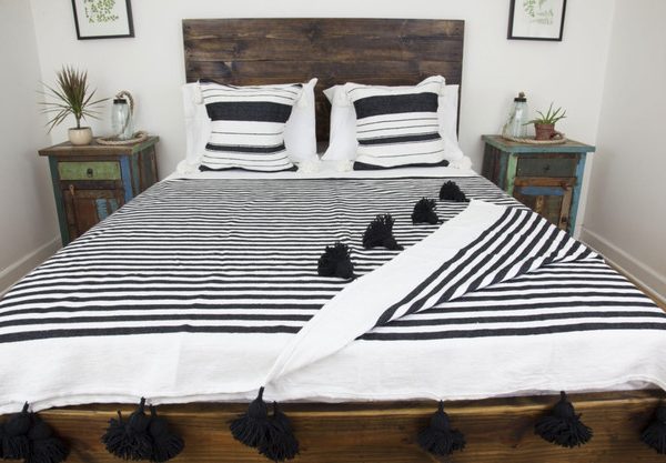 Moroccan Pom Pom Blanket in White and Black - Handcrafted Wool Blanket | Luxurious Home Decor