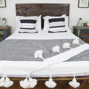 Striped Moroccan Pom Pom Cotton Blanket - Handcrafted Elegance