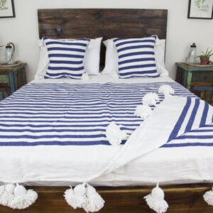 Moroccan Cotton Pom Pom Blanket - White and Blue Striped