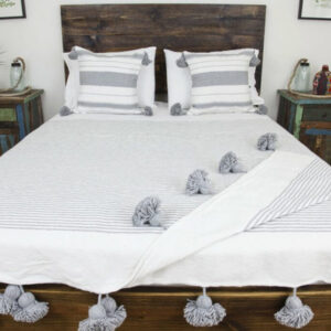 White and Grey Striped Moroccan Pom Pom Wool Blanket