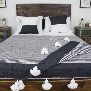 Hand-Woven Black and White Moroccan Pom Pom Blanket