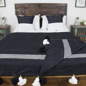 Hand-Woven Moroccan Pom Pom Wool Blanket | White & Black Striped