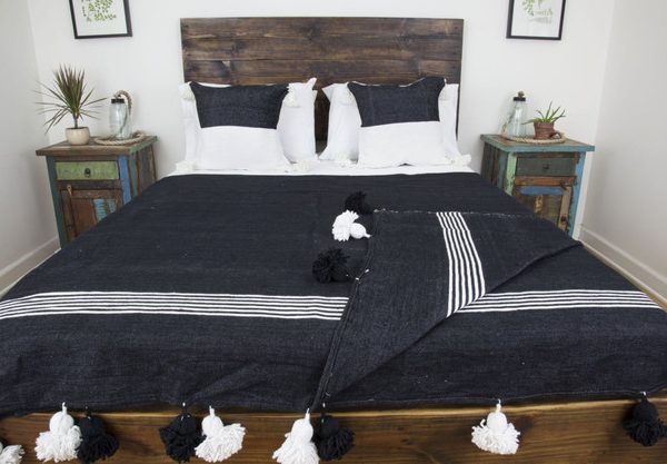 Hand-Woven Moroccan Pom Pom Wool Blanket | White & Black Striped