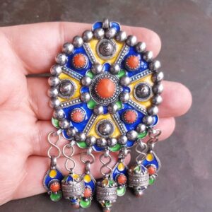 Berber Vintage Silver Fibula Brooch 122 with Traditional Beaded Design