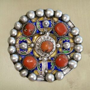 Moroccan Berber Enameled Fibula Brooch with Charms