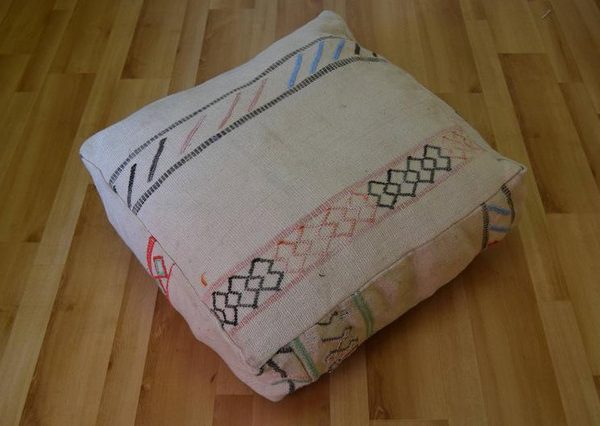 Handmade Vintage Moroccan Kilim Carpet Pouf in Multicolored Design
