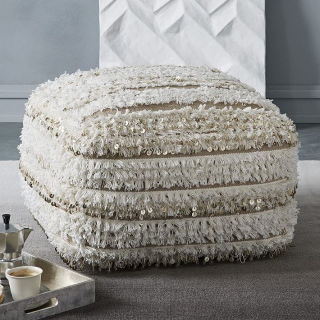 Moroccan Wedding Quilt Cotton Pouf with Fringed Edges