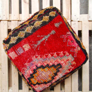 Moroccan Handmade Ikat Wool Pouf - Red Navy Neutral