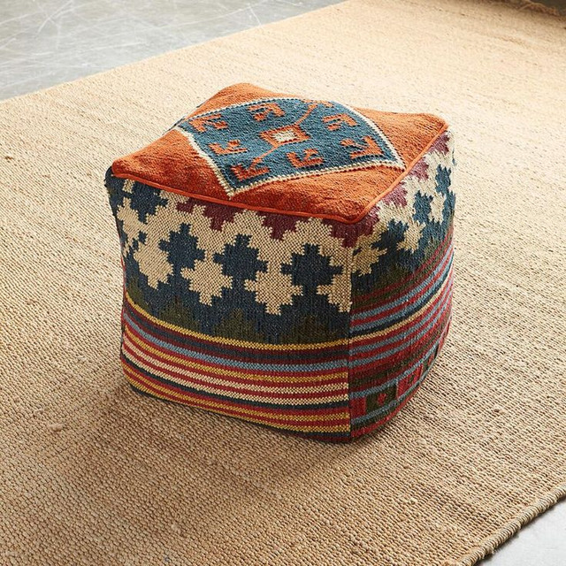 Moroccan Vintage Kilim Square Pouf - Handcrafted Comfort