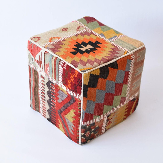 Vibrant Moroccan Wool Carpet Poufs - Handmade Southwestern Ikat Design