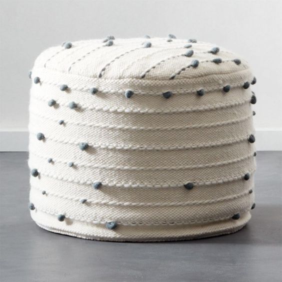 Moroccan Round Carpet Pouf with Black Pom Poms