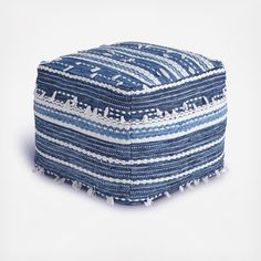 Moroccan Handmade Blue and Creme Striped Wool Pouf