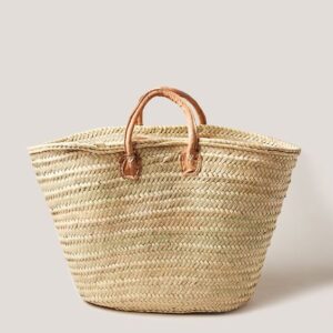 French Market Basket with Leather Handles - Handwoven by Moroccan Artisans