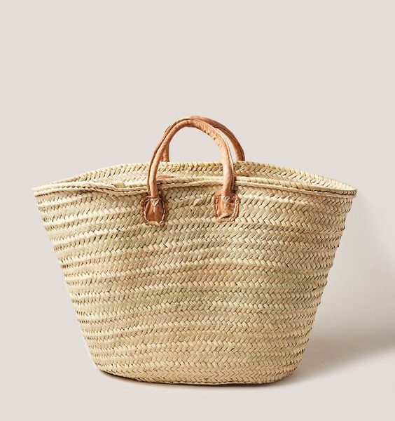 French Market Basket with Leather Handles - Handwoven by Moroccan Artisans