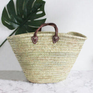 French Market Basket with Leather Handles - Handwoven Eco-Friendly Design for Beach Outings and Shopping - Sustainable and Stylish Organizer