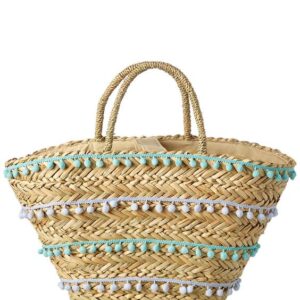 White and Blue Pom Pom Handwoven French Market Basket