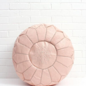 Handcrafted Light Pink Moroccan Leather Pouf with Embroidery