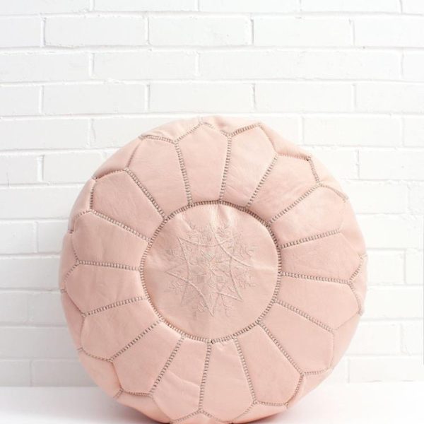 Handcrafted Light Pink Moroccan Leather Pouf with Embroidery