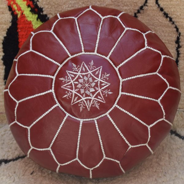 Moroccan Leather Pouf Handmade with Mahogany Flower Embroidery