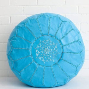 Handmade Baby Blue Moroccan Leather Pouf, Embroidered Low Seating