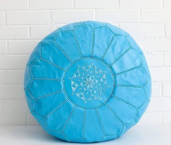 Handmade Baby Blue Moroccan Leather Pouf, Embroidered Low Seating