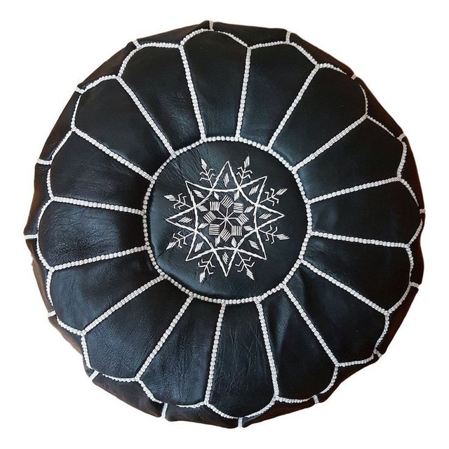 Handmade Black Leather Moroccan Pouf with Flower Embroidery