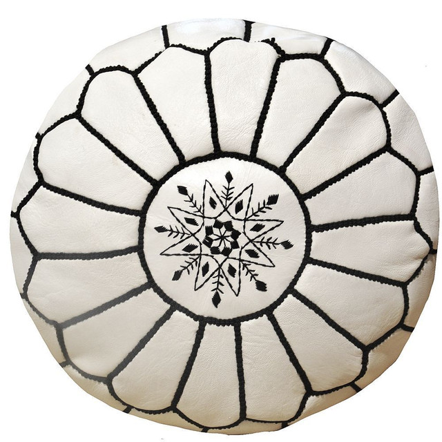 Moroccan Leather Pouf with White and Black Embroidery