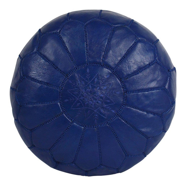 Luxurious Dark Blue Moroccan Leather Pouf - Handcrafted in Marrakech