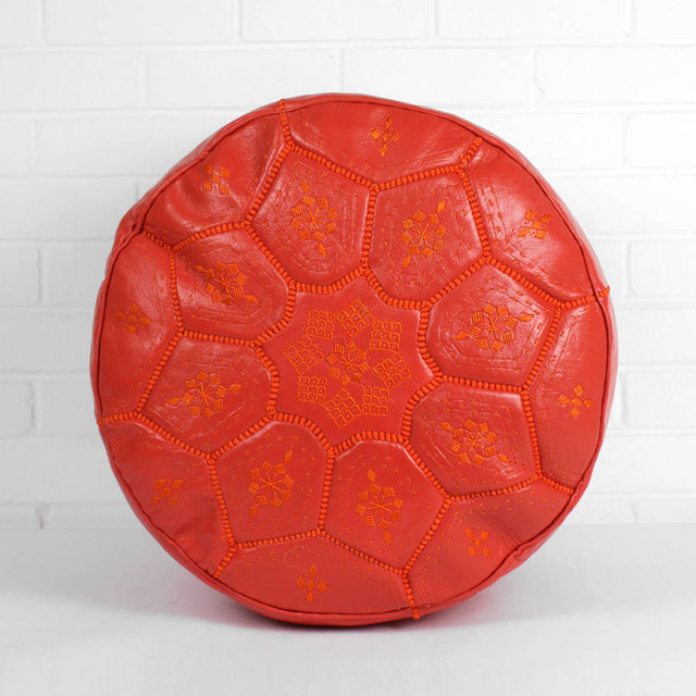 [Handcrafted Leather Pouf with Red Flower Embroidery | Genuine Moroccan Leather]