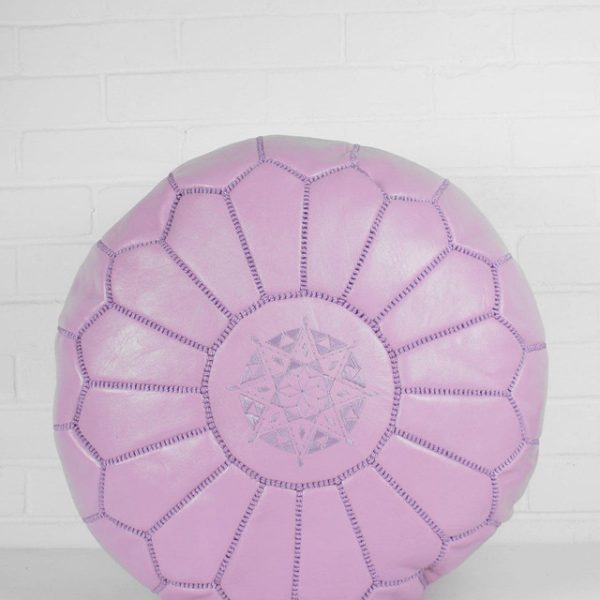 Moroccan Lilac Embroidered Leather Pouf - Handcrafted Comfort & Style