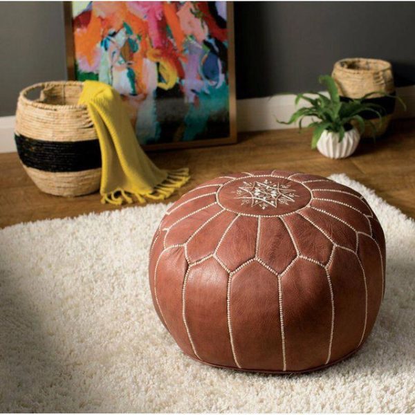 Embroidered Tan Genuine Leather Moroccan Pouf - Customizable Dimensions