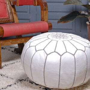 Luxurious Moroccan Leather Pouf with Elegant White Embroidery for Home Decor