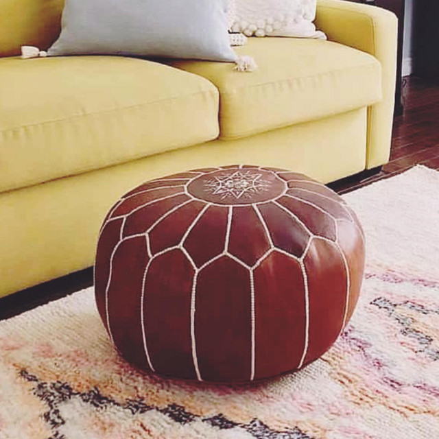 Moroccan Leather Pouf - Handmade Mahogany Seating