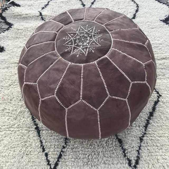 Moroccan Dark Brown Embroidered Leather Pouf 150 for Stylish Decor
