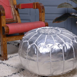 Moroccan Handmade Genuine Leather Pouf - Exquisite Silver Seating
