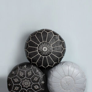 Moroccan Leather Pouf 161 with Black Flower Embroidery
