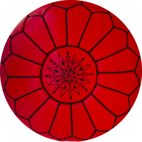 Handmade Moroccan Leather Pouf with Red and Black Embroidery