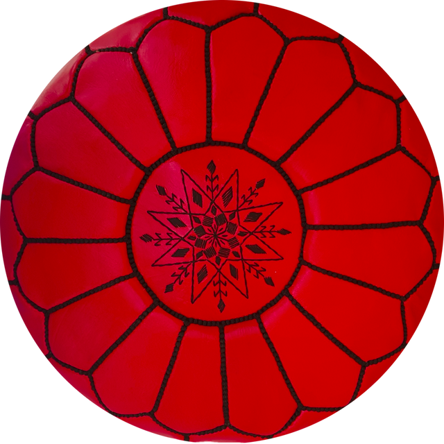 Handmade Moroccan Leather Pouf with Red and Black Embroidery