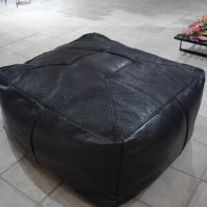 Handmade Black Embroidered Leather Poufs from Marrakech