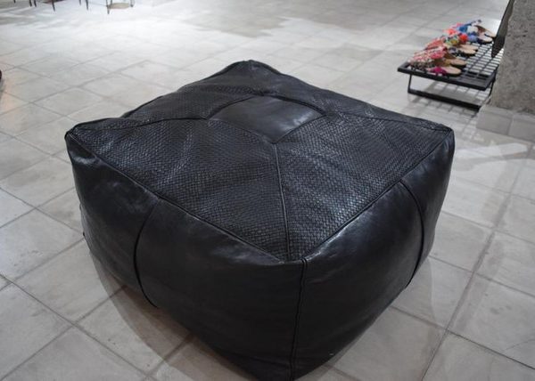 Handmade Black Embroidered Leather Poufs from Marrakech