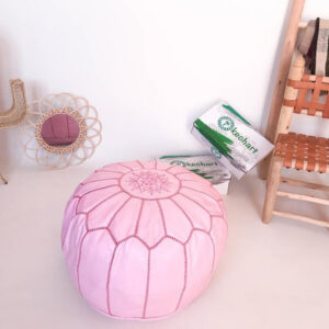 Handcrafted Moroccan Leather Pouf - Pink Embroidered Handmade Pouf