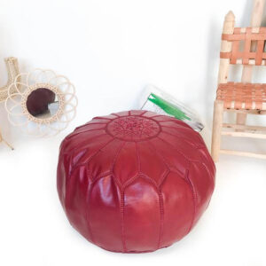Cherry Red Embroidered Moroccan Leather Pouf