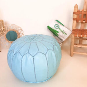 Blue Embroidered Moroccan Leather Pouf - Handmade, Genuine Quality