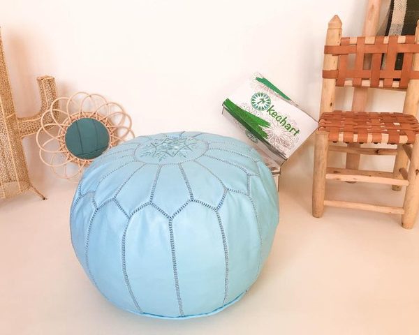 Blue Embroidered Moroccan Leather Pouf - Handmade, Genuine Quality