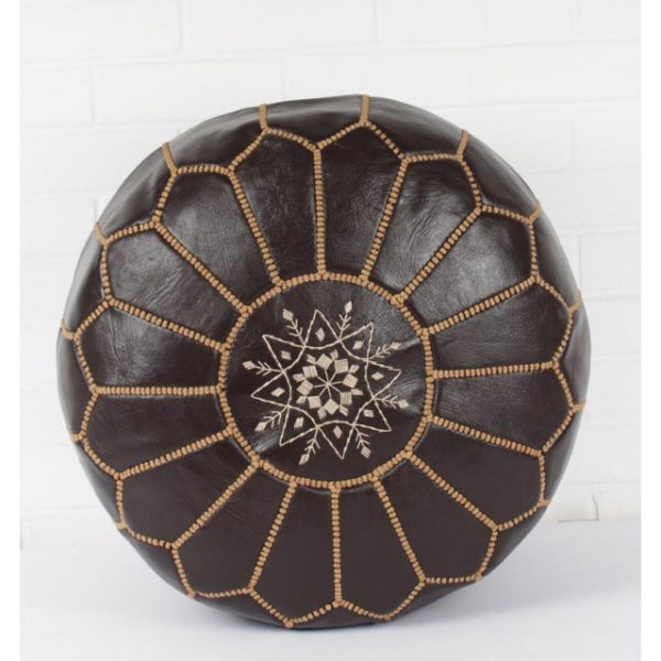 Moroccan Embroidered Leather Pouf - Dark Brown Luxurious Seating